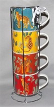 5-Pc Coco &amp; Lola Leopard Cheetah LRG Varied Colors Stacking Mugs w/ Chrome Stand - £30.03 GBP