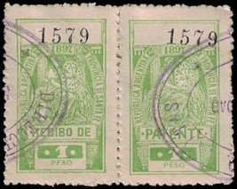1897 ARGENTINA Revenue Stamp - Province Santa Fe, 1 Peso, Pair A10N - £1.57 GBP