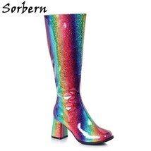 Knee High Rainbow Gogo Boots Costume Shoes Block Heels Cosplay Boots Crossdresse - £189.16 GBP