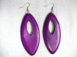 New Bold Rich Purple Color Stain Real Wood Dangling Marquis Hoop Style Earrings - £6.31 GBP