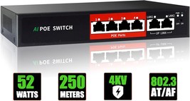 AI PoE Switch 52V 52W 4 POE Ports 2 Uplink 100Mbps 802.3af at Unmanaged ... - £40.74 GBP