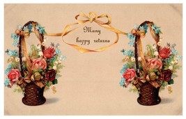 Postcard Embossed Many Happy Returns Baskets Of Roses Flowers Ribbon In ... - £3.95 GBP