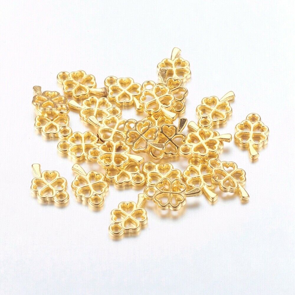 10 Shamrock Charms Miniature 4 Leaf Clover Shiny Gold Jewelry Findings Good Luck - $2.54
