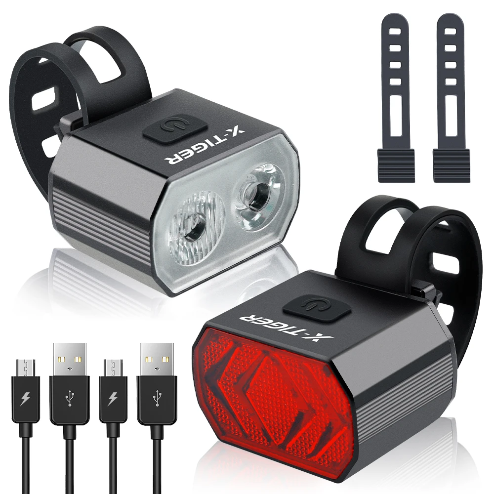 X-TIGER LED Bicycle Lights Set USB Charge Headlight Taillight Front Tail 2Pcs - £8.18 GBP