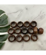Vintage Teak Wood Napkin Rings Holders Set of 14 Dark Geometric Table Decor - $27.71