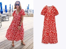 ZARA RED WHITE FLORAL PRINT V-NECK PUFF SLEEVES POPLIN MIDI DRESS S - $974.47 MXN