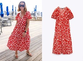 Zara Red White Floral Print V-NECK Puff Sleeves Poplin Midi Dress S - £62.90 GBP