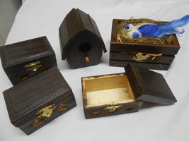 Vintage Lot 3 Wooden trinket hinged Boxes, Wren House, Blue Bird in nesting box - £10.05 GBP