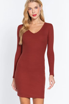 Women&#39;s Dark Rust Long Sleeve V Neck Mini Rib Dress (M) - £16.20 GBP