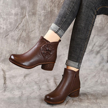 Spring Autumn Women Boots Genuine Leather Thick Heels Ankle Boots For Women Shoe - £78.01 GBP