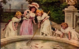VINTAGE POSTCARD- FOUR VICTORIAN DRESSED GIRLS FISHING IN GOLDFISH POND ... - £3.10 GBP