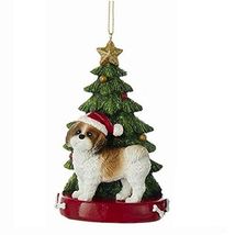 Brown and White Shih Tzu Wearing Santa Hat with Christmas Tree Ornament New - $17.80