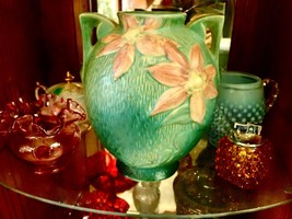 vintage Roseville Pottery Clematis Green Vase 107-8 BLUE / GREEN TEAL - £116.55 GBP