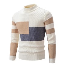 Men&#39;s Knitwear Fashion Colorblock Korean Style Mock Neck Sweater Bottoming Shirt - £29.65 GBP+