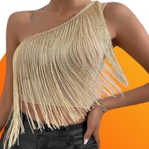 One Shoulder Crop Top With Fringed Trim Gold Tone Size L - $24.50