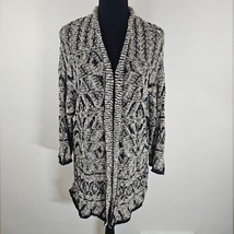 Chicos Knit Size 3 Geometric Open Front Stretch Black Cream Cardigan Sweater - $18.33