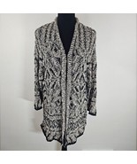 Chicos Knit Size 3 Geometric Open Front Stretch Black Cream Cardigan Swe... - $25.15 CAD