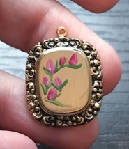 Vintage 1 Inch Hand Painted Golden Pendant Pink Flowers Textured Floral ... - £7.03 GBP