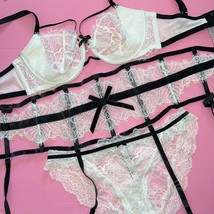 Victoria&#39;s Secret Unlined 34DDD BRA SET+garter+M,L Panty black WHITE lace velvet - £94.66 GBP