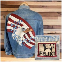 90s USA Felix the Cat Denim Jacket Vintage Mens Size Large Hand Painted Blue - £103.91 GBP