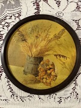 Vintage Tin Metal Round Serving Platter Wheat In Bucket Shabby Chic - £7.57 GBP