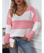 Color Block V-Neck Long Sleeve Sweater - $41.62 CAD