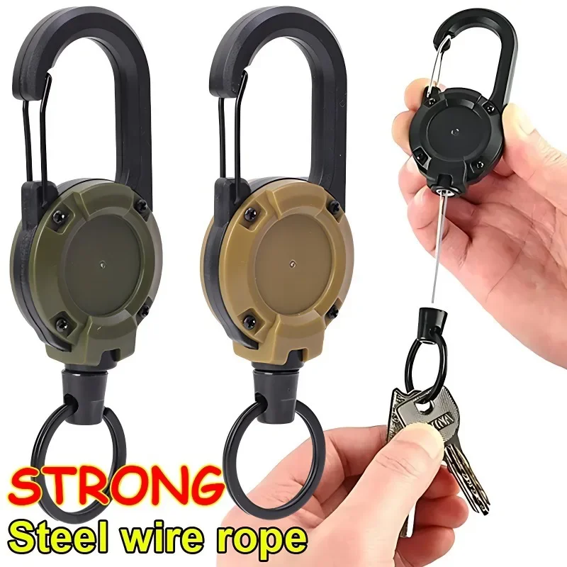 Retractable Heavy Duty Pull Reel Carabiner Key Chains Strong Steel Wire Rope - £9.82 GBP+