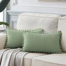 Pack of 2 Sage Green Lumbar Decorative Throw Pillow Covers with Pom-poms - £31.17 GBP
