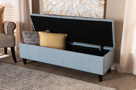 Beyla Light Blue Fabric Upholstered Dark Brown Storage Bench Ottoman - $3,960.68 MXN