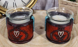 Set Of 2 Western Cowgirl Love Heart Scrollwork Faux Leather Votive Candle Holder - £20.83 GBP