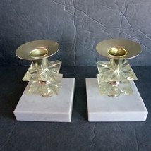 VTG Pair Candlestick Holders Italian Marble Base w/Stacked Lucite &amp; Brass Italy  - £23.35 GBP