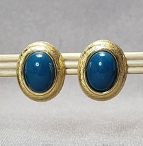 Vintage Napier Brushed Gold-tone Oval Aqua Cabochon Screw Back Earrings ... - $23.76