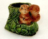 Porcelain Figurine Planter, Brown Squirrel on Green Tree Stump, Vintage - $24.45