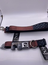 Buckle Down Seatbelt Dog Collar &amp; Leash - US Flag Vintage Stretch - Made in USA - £15.87 GBP