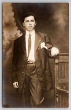 RPPC Handsome Young Man With Chair Studio Real Photo Postcard B41 - £7.21 GBP