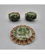 Vintage BOJAR Nephrite Jade Brooch Earring Set 12k Gold Filled Clip On MCM - $68.41 CAD