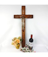 Very Large Antique Wooden Church Crucifix Ceramic Jesus religious wall c... - $260.58 CAD