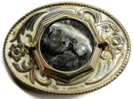 Gemstone Octagon Setting With Flower Accent Western Silver Vintage Belt Buckle - £22.65 GBP