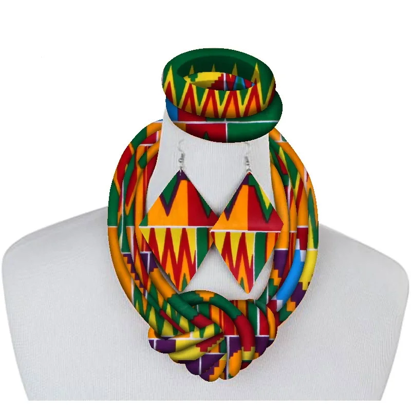 3 Pieces African Necklace Print Wax Ankara Fabric Set Side Knot Necklace,Bracele - £42.96 GBP