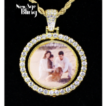 Picture Spinner Photo CZ 2 Sided Pendant Gold Plated Stainless Steel Necklace - £15.94 GBP
