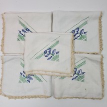 Vintage Napkins 16x14 Inch Embroidery Crochet Beige w/ Blue Set of 5 - $14.04