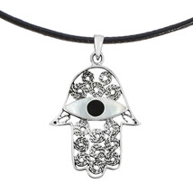 Intricate Hamsa Hand with Mother of Pearl Eye Sterling Silver Cotton Necklac - $17.32