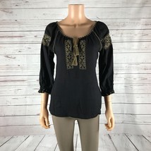 Lucky Brand Black Embroidered 3/4 Sleeve Tassel Tie Peasant Top Small - £8.31 GBP