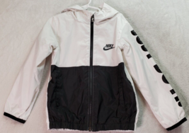 Nike Rain Jacket Kids Small 4-5y White Black Pockets Long Sleeve Hooded Full Zip - £13.26 GBP