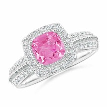 ANGARA Twisted Rope Cushion Pink Sapphire Halo Ring for Women in 14K Solid Gold - £1,448.09 GBP
