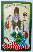 St Patrick&#39;s Day Postcard Saint Bishops Mitre Staff US Flag Series 400 MB 1909 - £22.78 GBP
