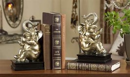 Playful Elephant Bookends Set of 2 Golden Trunk Up 9" High Poly Stone Books image 2