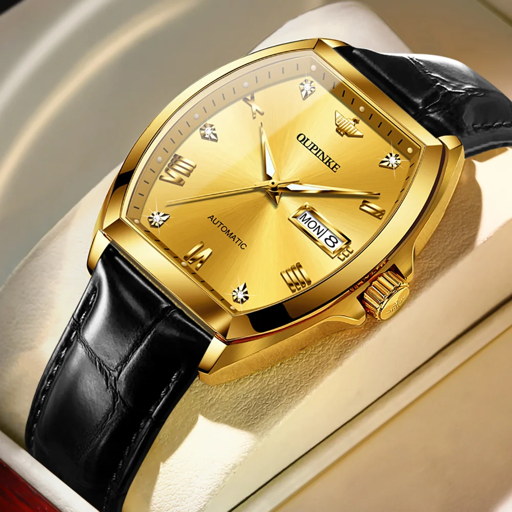 OUPINKE   Automatic Mechanical Watch Wine Barrel Dial Sapphire Mirror Leather St