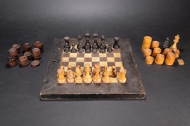 American Folk Art Chess and Checkers Set Solid Wood Hand Carved Board - $99.00