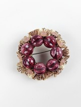 Vintage Pink &amp; Burgundy Floral Brooch Unsigned Round Pin Back gold tone - £15.81 GBP